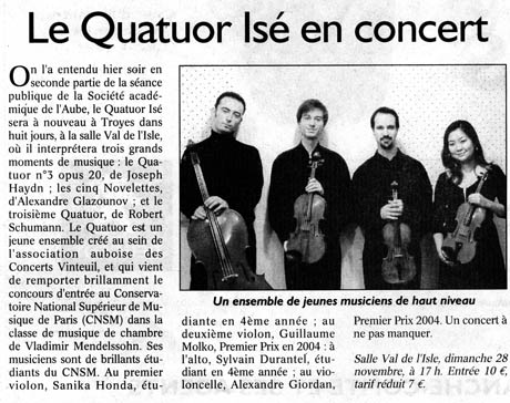 Article Quatuor Isé Durantel Sylvain Vnteuil